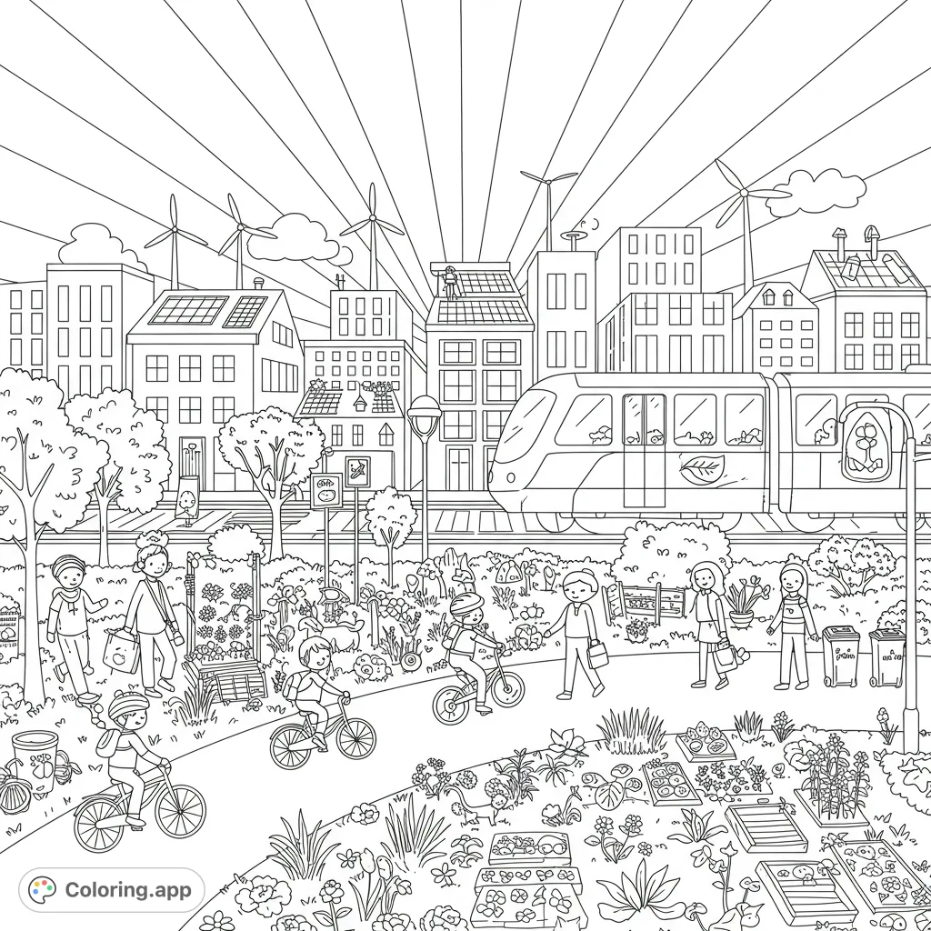 Explore a bustling sustainable city with eco-friendly activities, happy people, and cute animal companions. A detailed urban scene for kids!