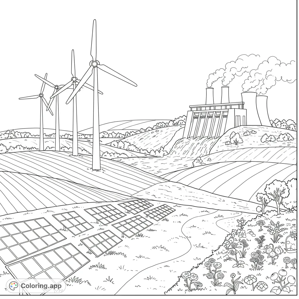 Explore a vibrant scene of sustainable energy sources! Color solar panels, wind turbines, hydroelectric dams, and more in this educational coloring page.