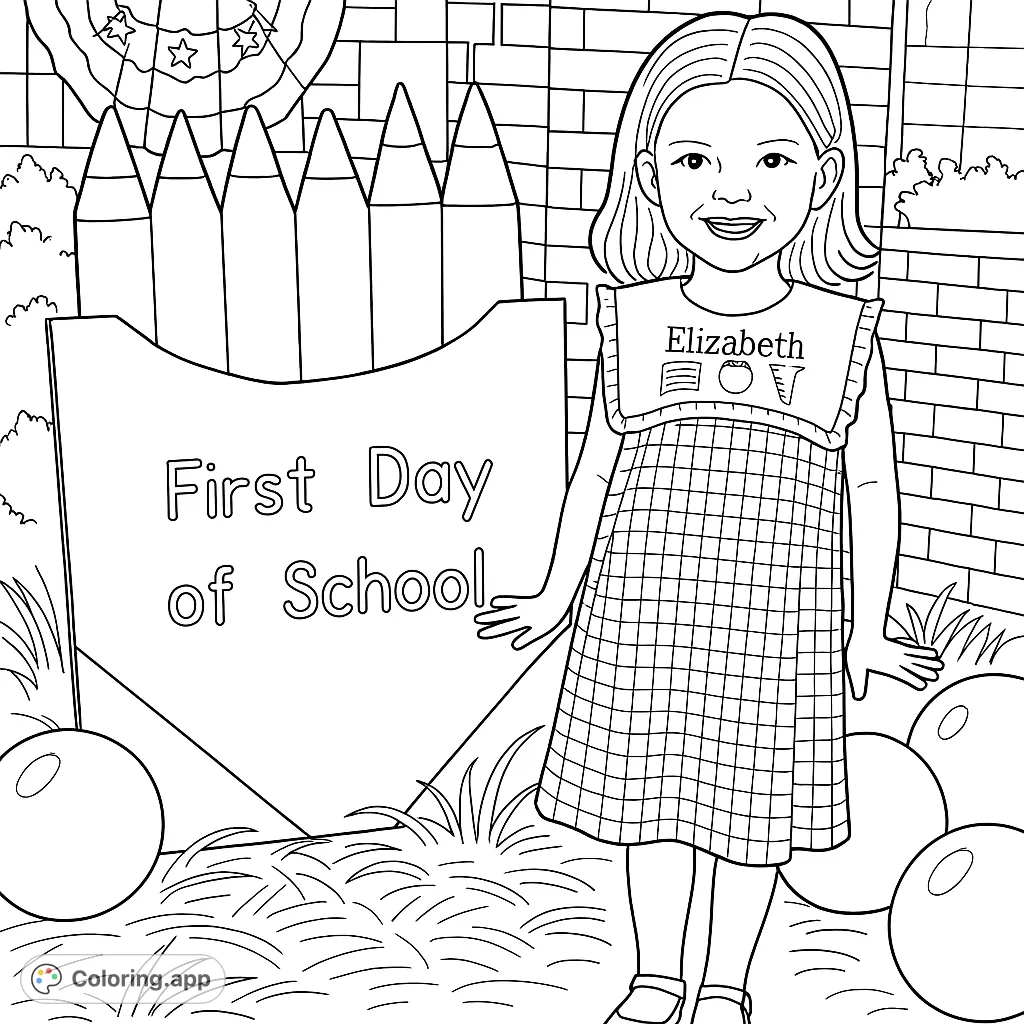 Celebrate the first day of school with a cheerful girl, a giant crayon box, and festive balloons. A delightful back-to-school coloring page for all ages.