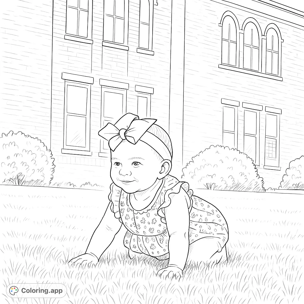 Capture the joy of childhood with this adorable baby on grass coloring page. Perfect for all ages, featuring a sweet infant and a charming outdoor scene.