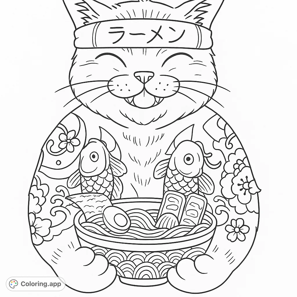 A delightful coloring page featuring a happy, tattooed cat holding a bowl of ramen. Intricate details and a charming expression make this a fun and engaging design.