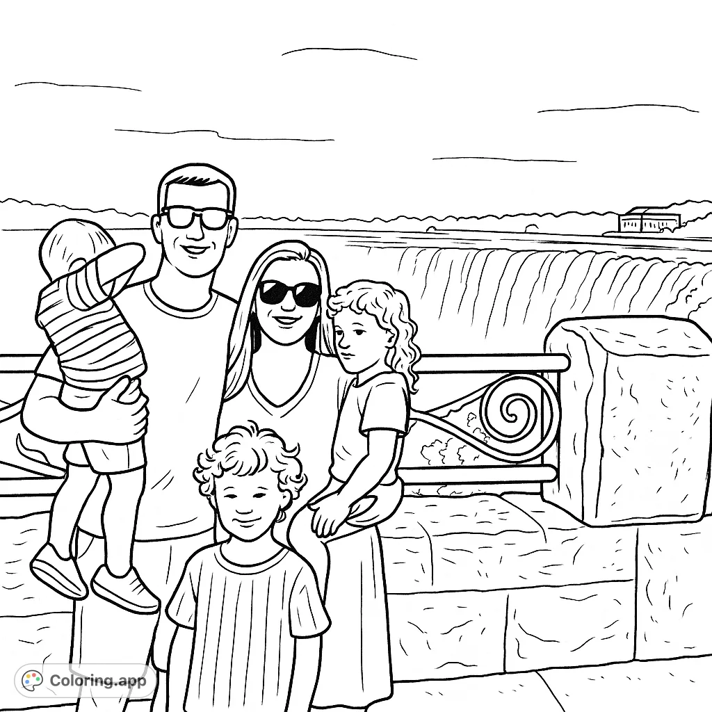 A joyful family of five poses before a majestic waterfall, with a decorative railing in the foreground. Perfect for a memorable coloring experience.