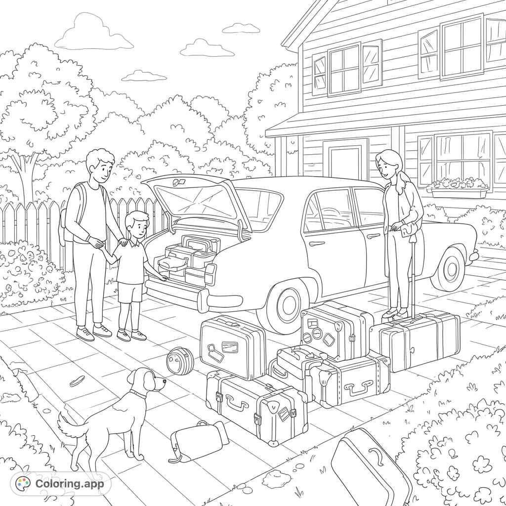 Join the Johnson family on their big adventure! This free printable family road trip coloring page features a bustling scene of a family, dog, and car packed for Grandma's house.