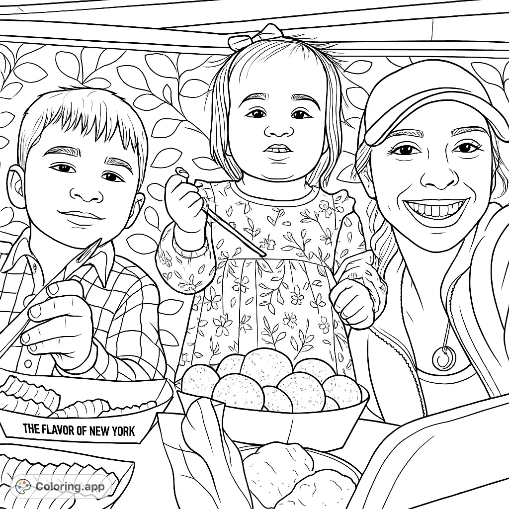 A heartwarming family meal scene featuring a smiling woman, a boy, and a toddler enjoying food at a restaurant. Perfect for family coloring fun!