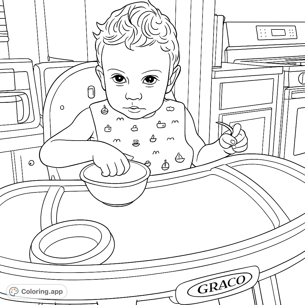 Capture a sweet mealtime moment with this toddler coloring page. Features a child in a high chair with a patterned bib, ready for creative coloring fun.