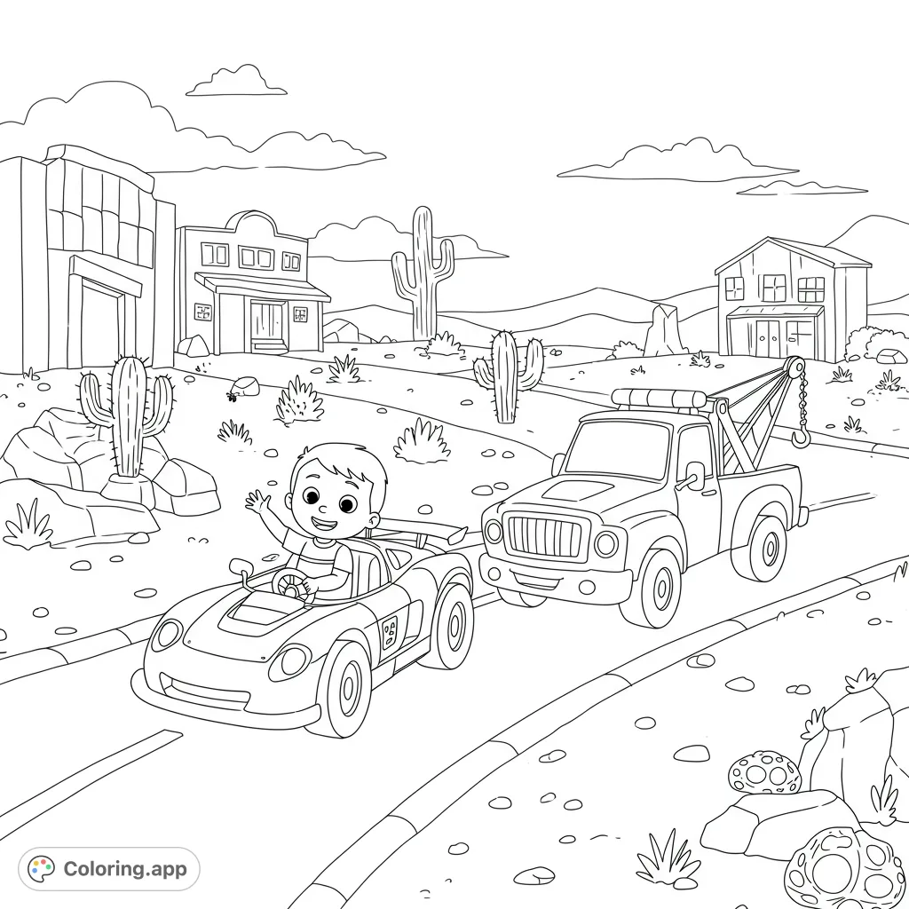 Join Noah, Lightning McQueen, and Mater in Radi Radiator Springs! A fun Cars coloring page for kids, featuring iconic characters and a lively desert town scene.