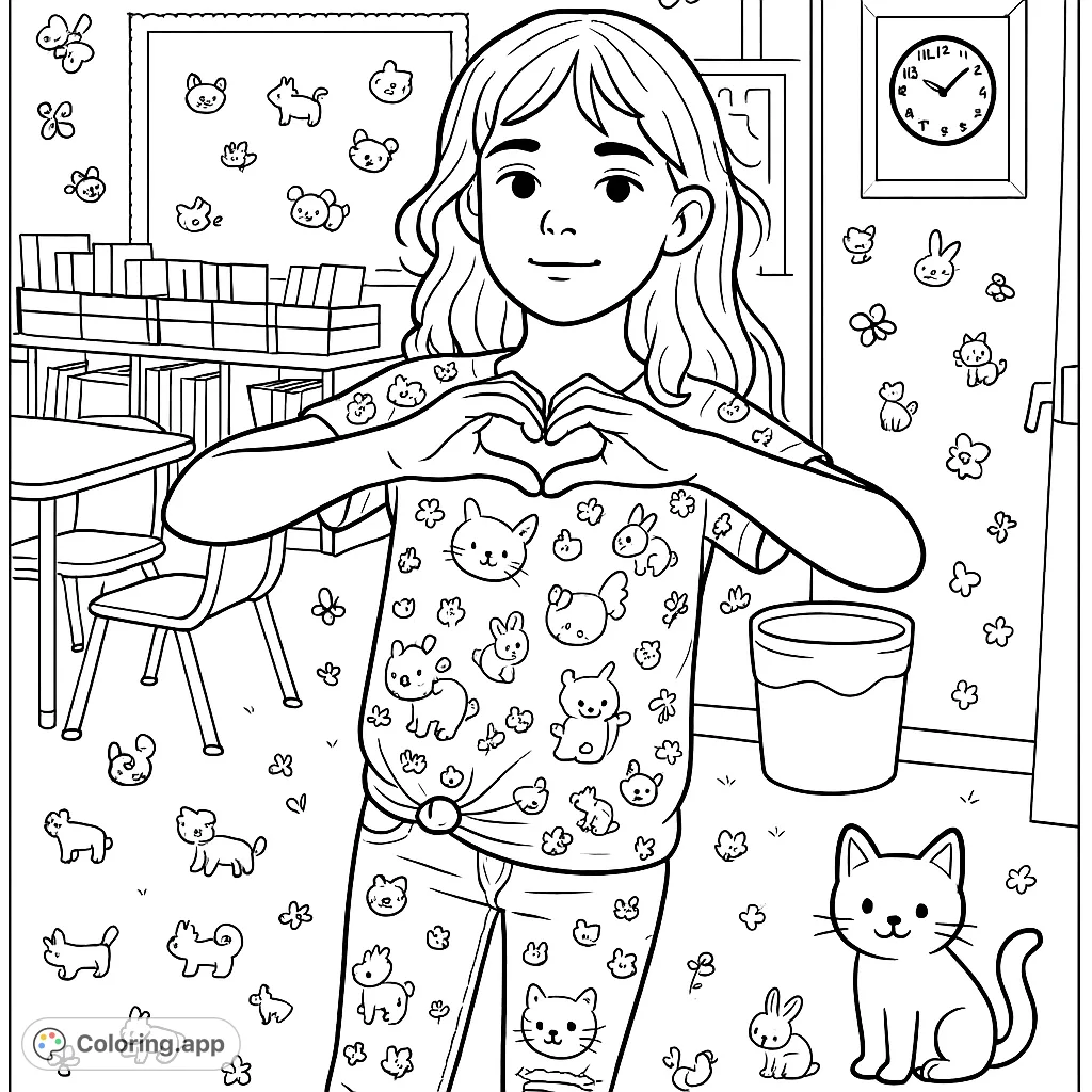 A charming child making a heart with her hands in a classroom, surrounded by playful animal motifs and a friendly cat. Perfect for young artists!