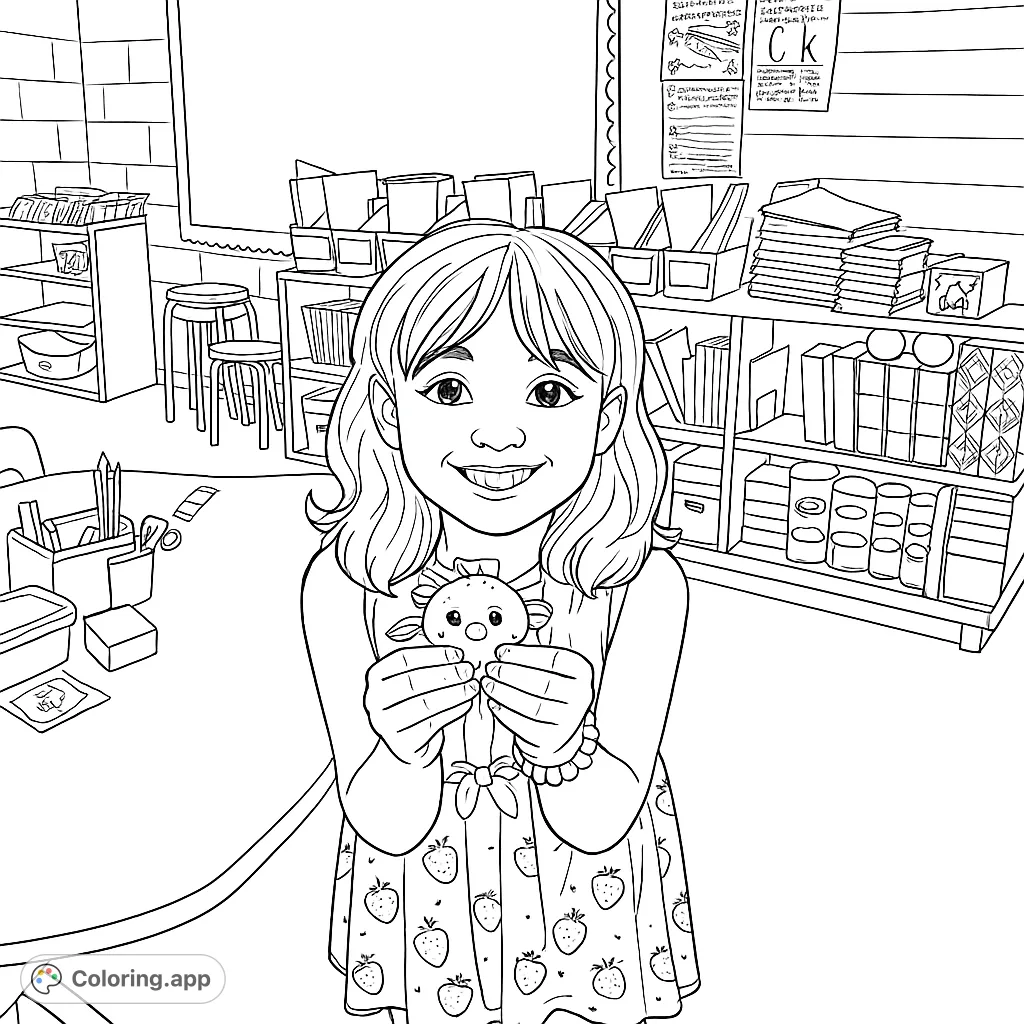 A cheerful girl holds a unique squishy toy in a classroom setting, featuring a fruit-patterned dress and a background of school supplies. Perfect for kids!