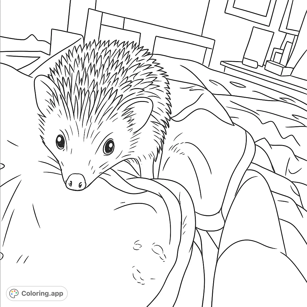 Discover an adorable hedgehog resting on a soft blanket. This intricate coloring page features detailed quills and cozy textures, perfect for animal lovers.