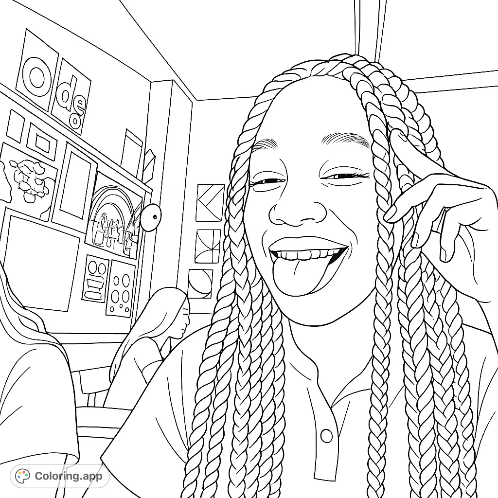 A cheerful portrait of a person with braided hair, smiling playfully, set against a wall adorned with various artworks. Perfect for creative expression.