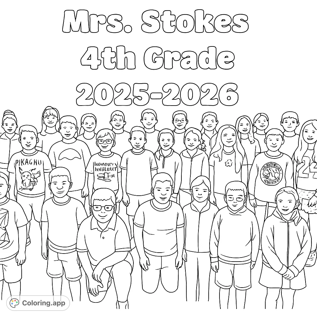 Capture a memorable class photo with this Mrs. Stokes 4th Grade coloring page. Features a group of students and customizable text for a unique keepsake.