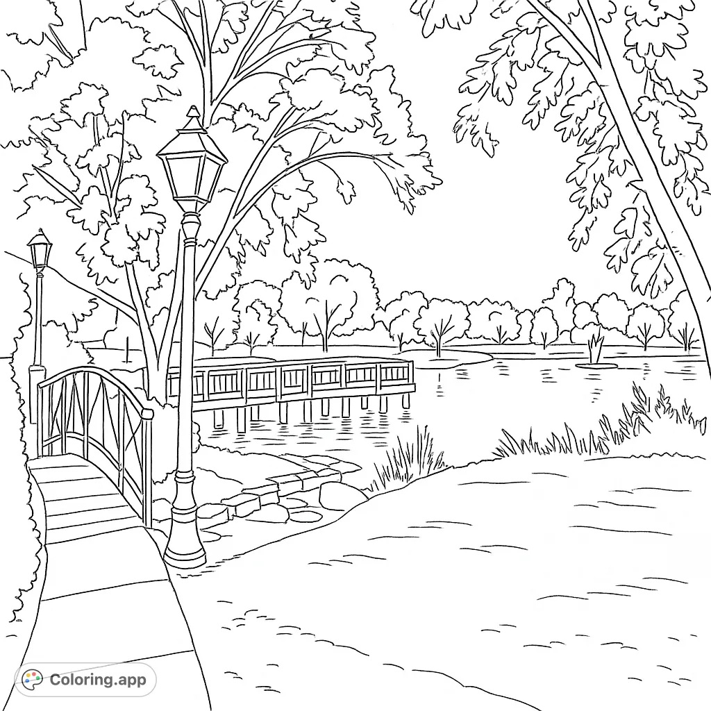 Explore a tranquil park scene featuring a charming bridge, a detailed lamppost, and a serene pond with a fountain, surrounded by lush trees.