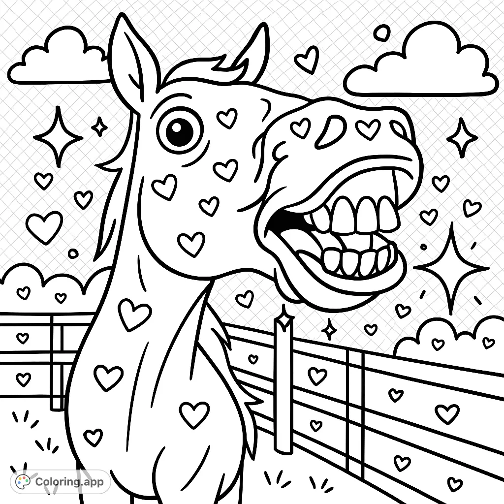A whimsical horse with a wide, funny grin, surrounded by magical heart patterns and clouds. A delightful horse coloring page for kids and adults.