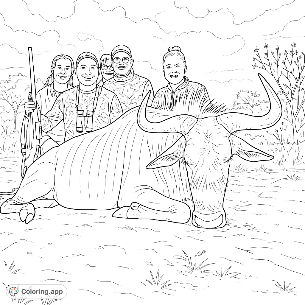 A detailed coloring page featuring a group of people posing with a large horned animal in a natural outdoor setting, perfect for adult colorists.