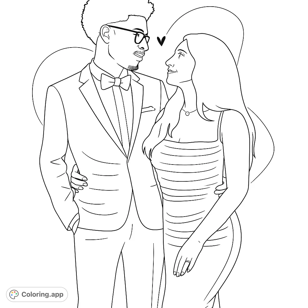 Capture the romance of an elegant couple in formal attire, gazing lovingly. This couple coloring page offers a charming scene for creative expression.