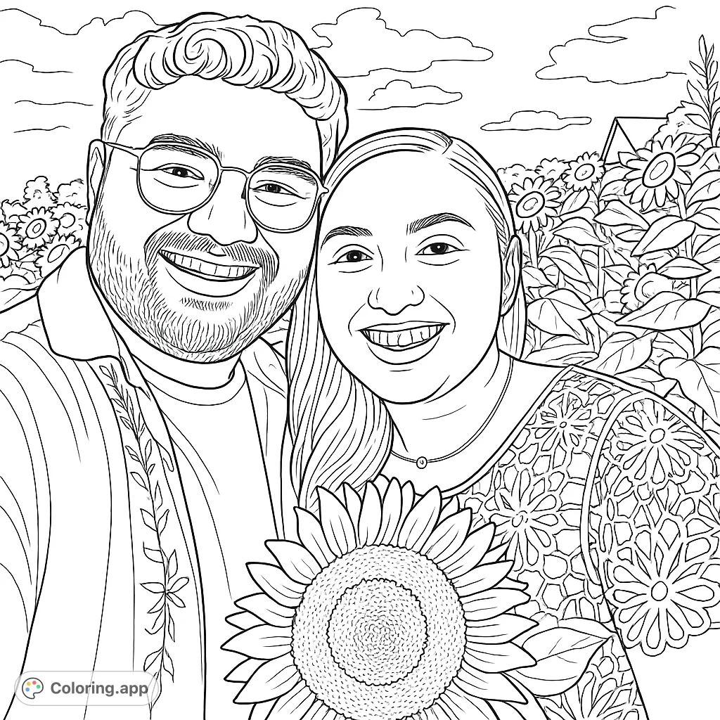 A heartwarming coloring page featuring a smiling couple amidst a field of sunflowers, holding a large bloom. Perfect for nature lovers and romantics.