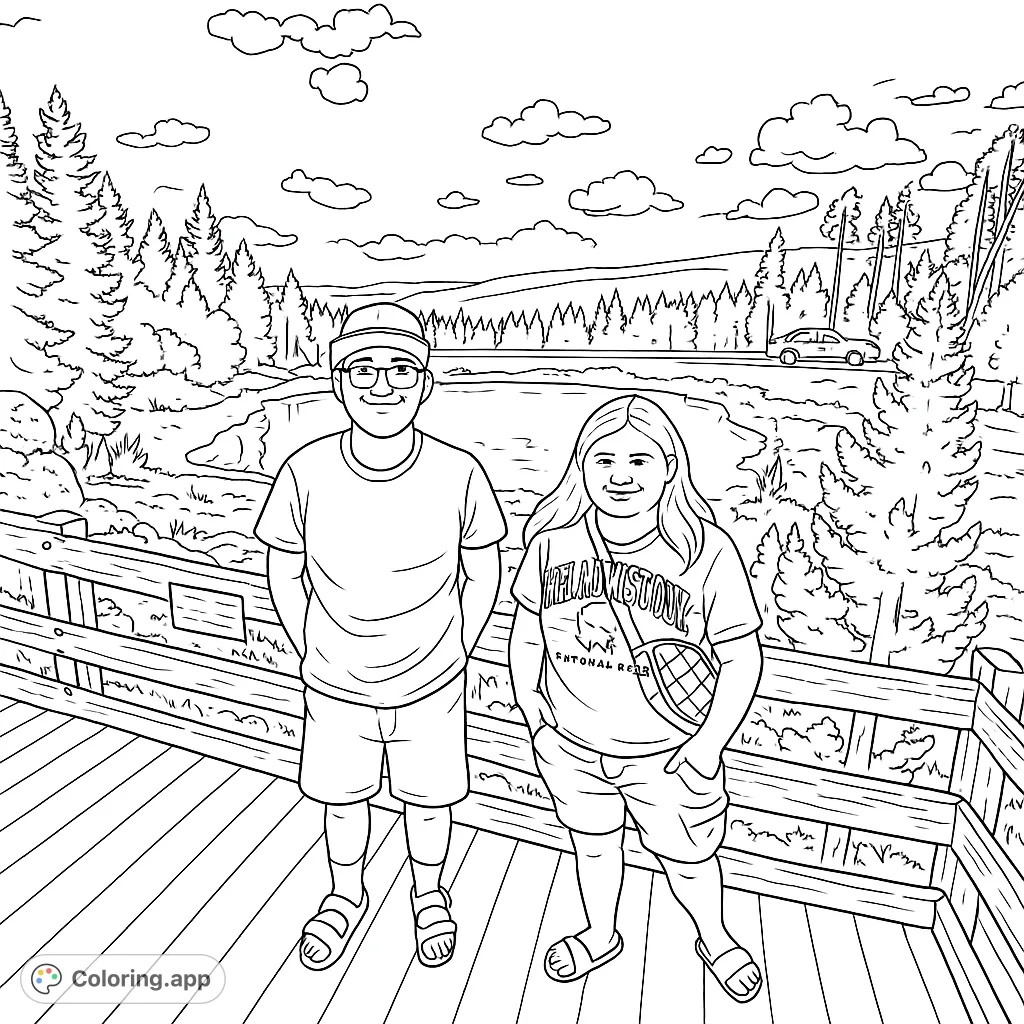 Two friends stand on a boardwalk overlooking a geothermal pool, surrounded by a vast forest and a distant road, perfect for a nature adventure coloring page.