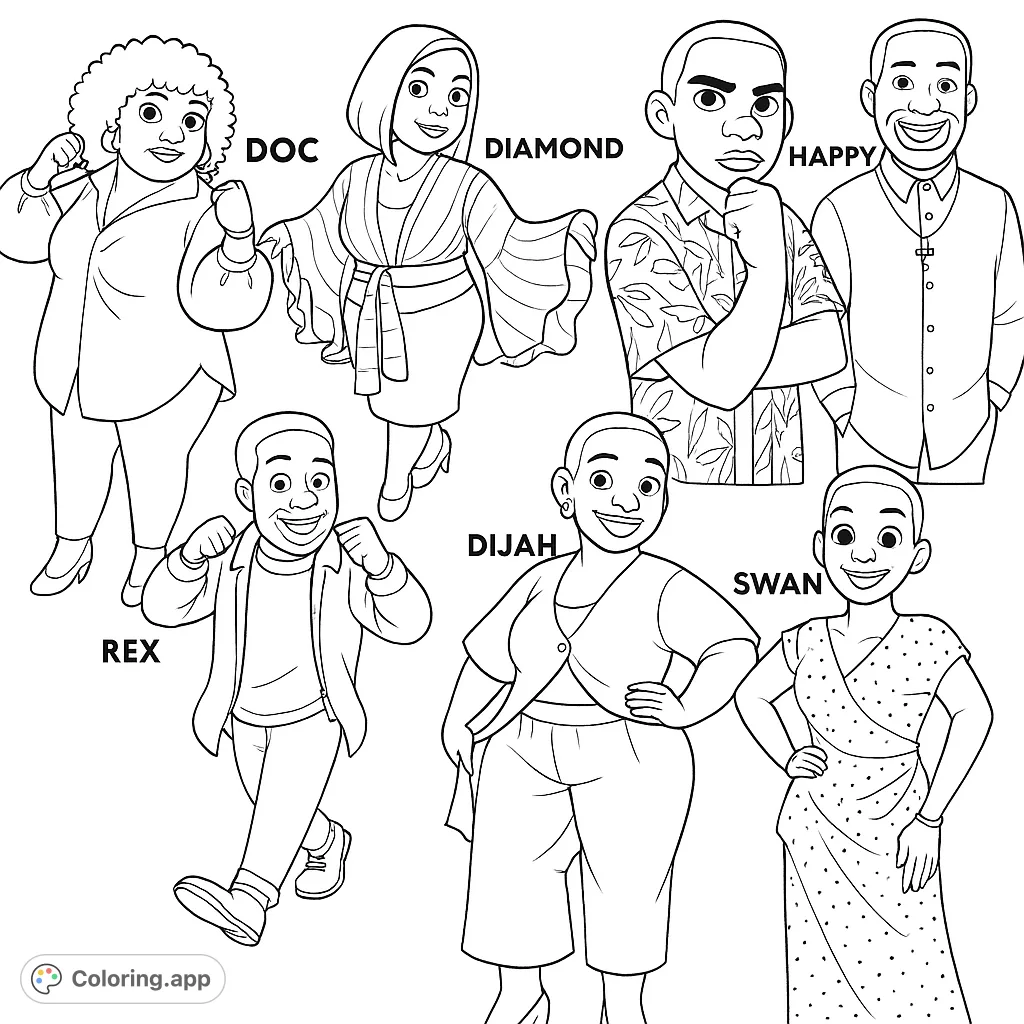 Explore a vibrant collection of seven unique characters, each with distinct styles and expressions. Perfect for creative coloring and bringing diverse personalities to life.