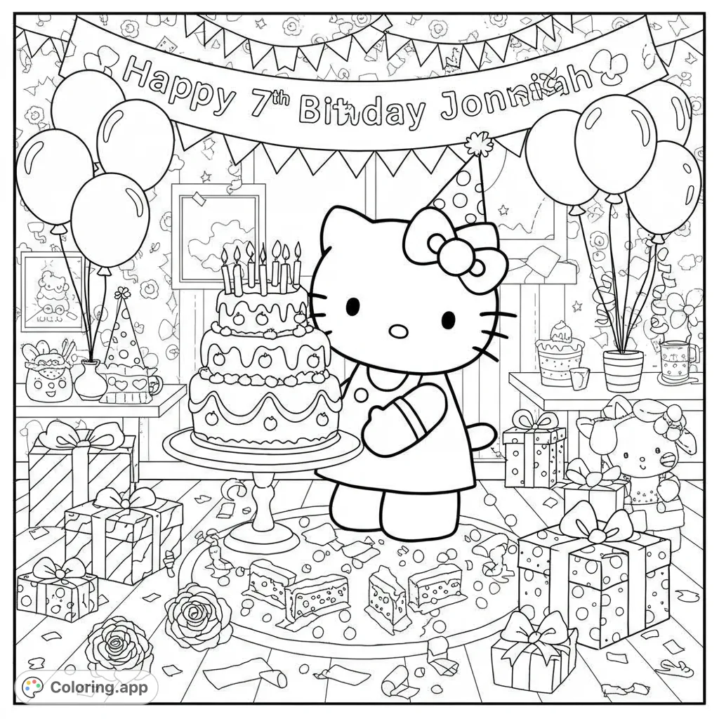 Celebrate Joniah's 7th birthday with Hello Kitty! This free printable Hello Kitty coloring page features a festive scene with cake, balloons, and gifts.