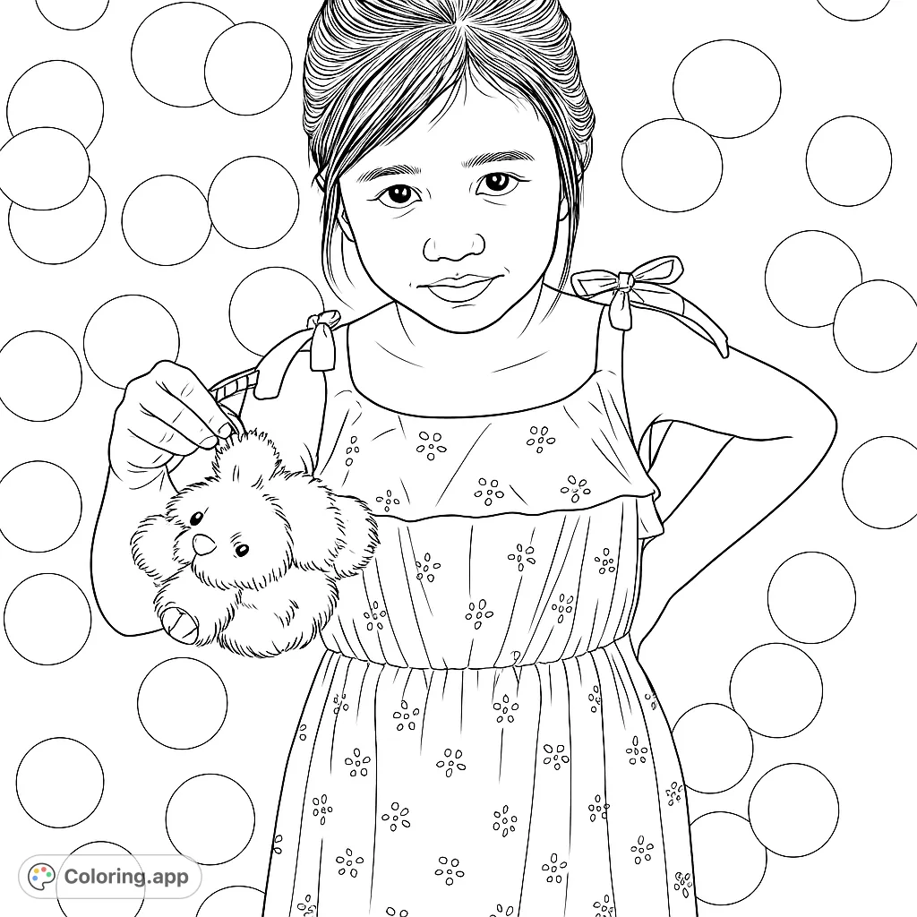 A charming coloring page featuring a young girl in a patterned dress, holding a whimsical fluffy creature, set against a soft, diffused background.