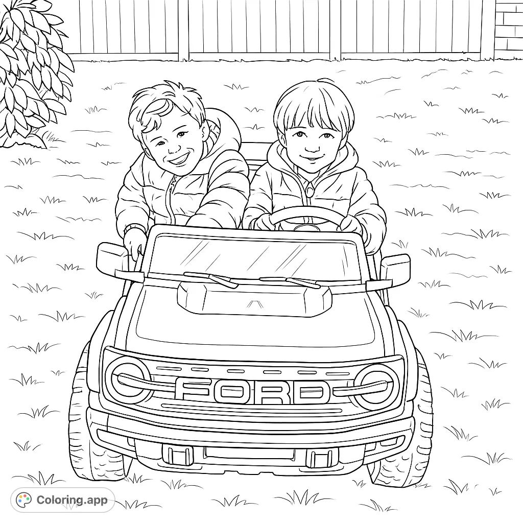 Two happy children enjoying a ride in their toy off-road vehicle on a grassy lawn. Perfect for young adventurers to color and imagine.