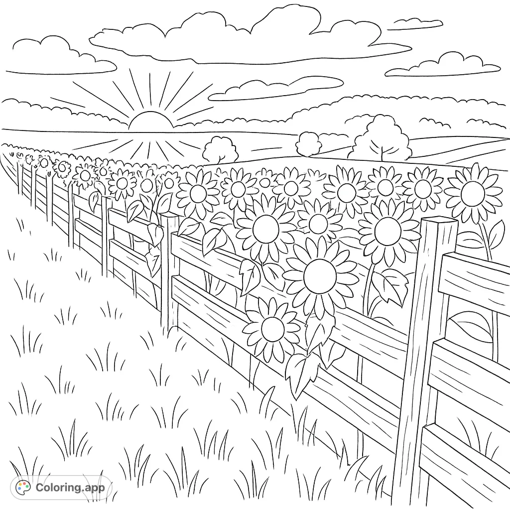A serene sunflower field at sunset, featuring a rustic wooden fence and rolling hills. A peaceful nature scene perfect for a relaxing coloring experience.