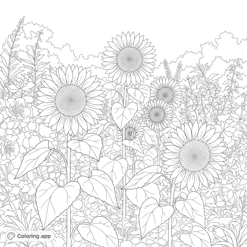 A beautiful sunflower garden under a bright sky, featuring large sunflowers with detailed petals and leaves, surrounded by lush garden foliage.