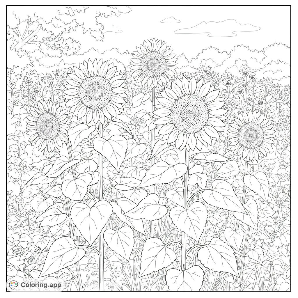 A beautiful sunflower garden under a bright sun, perfect for a relaxing coloring experience. Features tall sunflowers with broad leaves.
