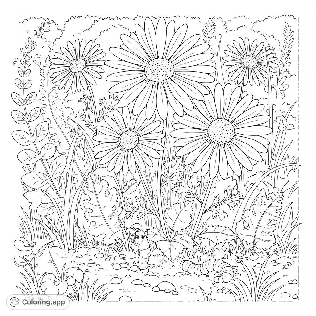 A charming garden scene with blooming daisies and a friendly wiggly worm. Perfect for nature lovers of all ages to bring to life with color.