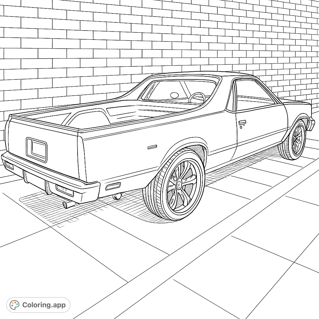 Color a highly detailed classic coupe utility vehicle with custom wheels against a textured brick wall. Perfect for car enthusiasts and detailed coloring.