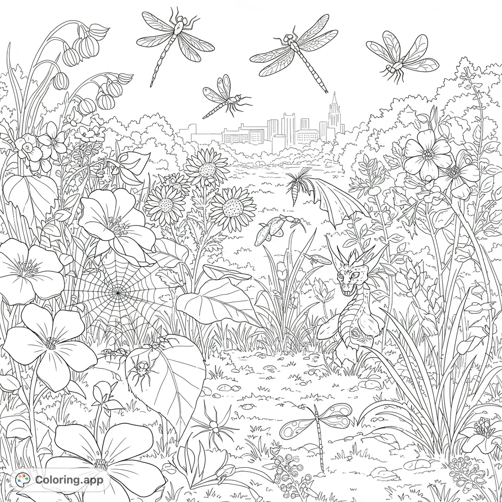 Explore a detailed garden scene with various insects, including spiders, ants, and graceful dragonflies, set against a distant city skyline.