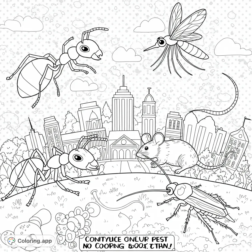 Discover a whimsical collection of Syracuse pests—ants, mice, mosquitoes, and cockroaches—amidst a stylized cityscape and playful polka dots.