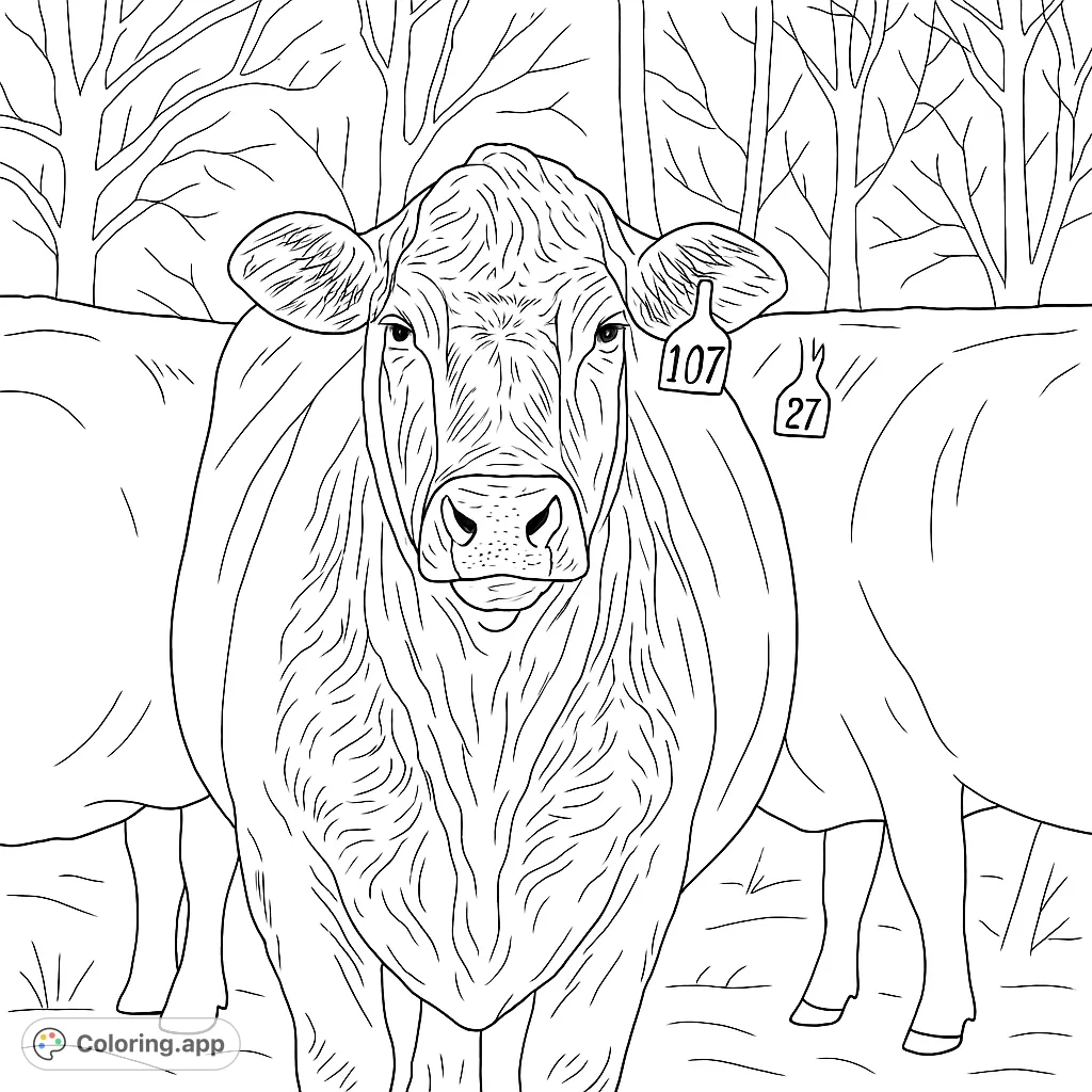 A detailed farm cow coloring page, perfect for animal lovers. Features a friendly cow with an ear tag, set against a winter landscape. Great for all ages.