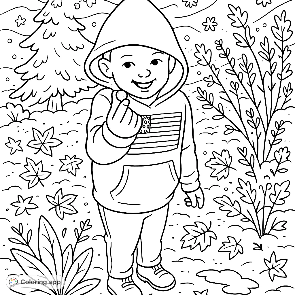 An adorable autumn child coloring page, perfect for kids and adults. Features a smiling child making a heart gesture amidst seasonal foliage and a unique wave pattern.