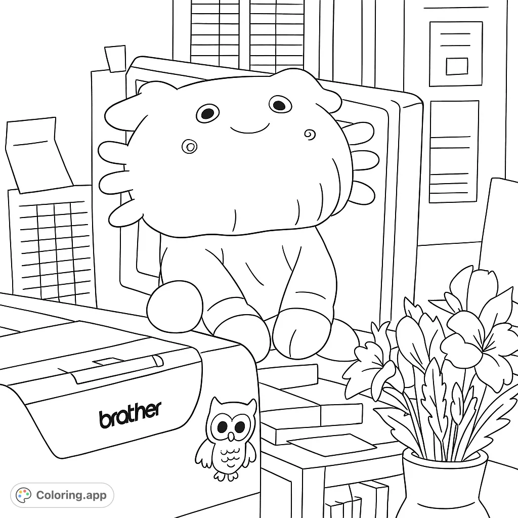 A cheerful crab plush toy sits on a desk, surrounded by office items and flowers. A fun and simple crab coloring page for all ages.