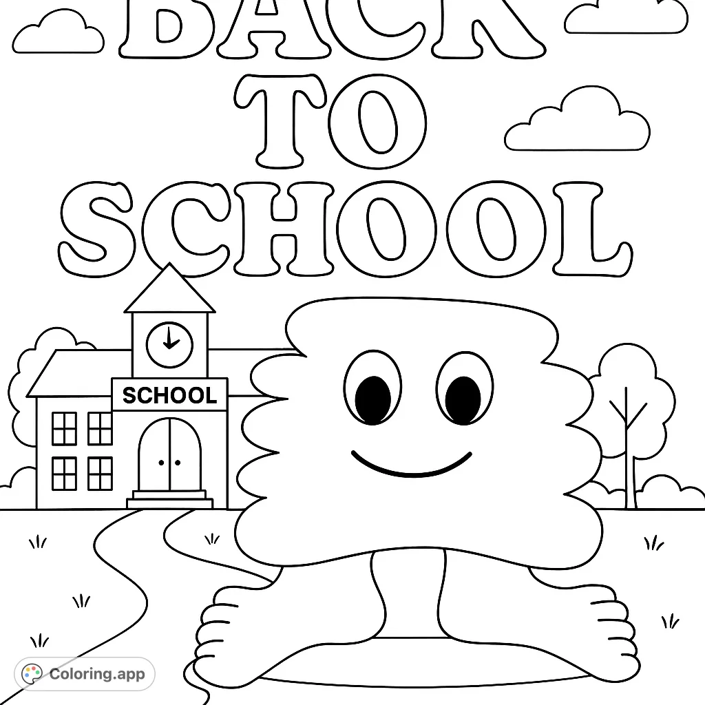 Get ready for school with this fun coloring page featuring a friendly character, a classic schoolhouse, and a welcoming path. Perfect for young learners!