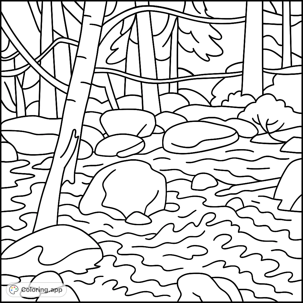 Explore a lively woodland stream with flowing water, sturdy rocks, and towering trees. A simple, cartoony nature scene perfect for a relaxing coloring experience.
