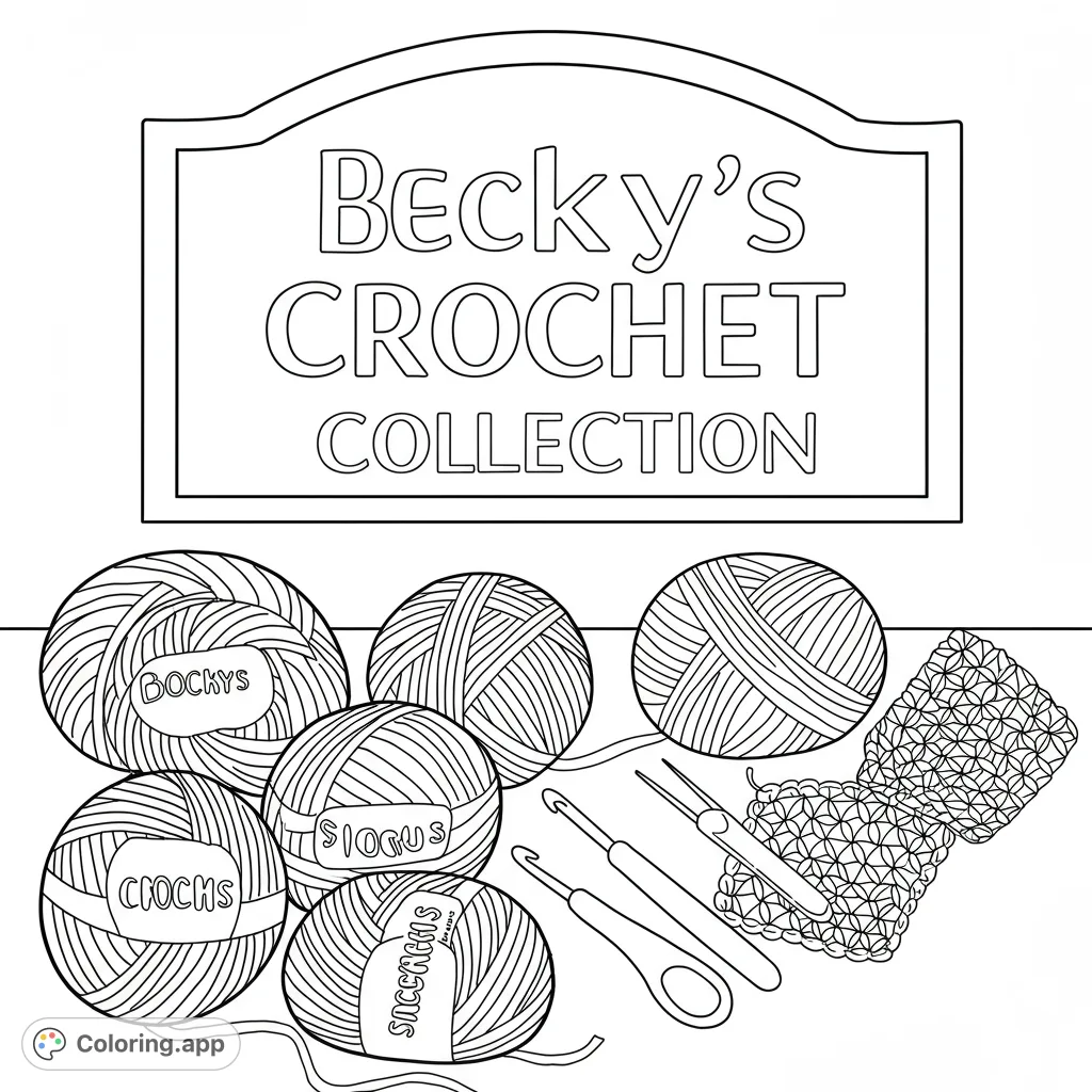A charming Becky's Crochet Collection coloring page featuring simple yarn balls, crochet hooks, and a decorative sign, perfect for easy, relaxing coloring.