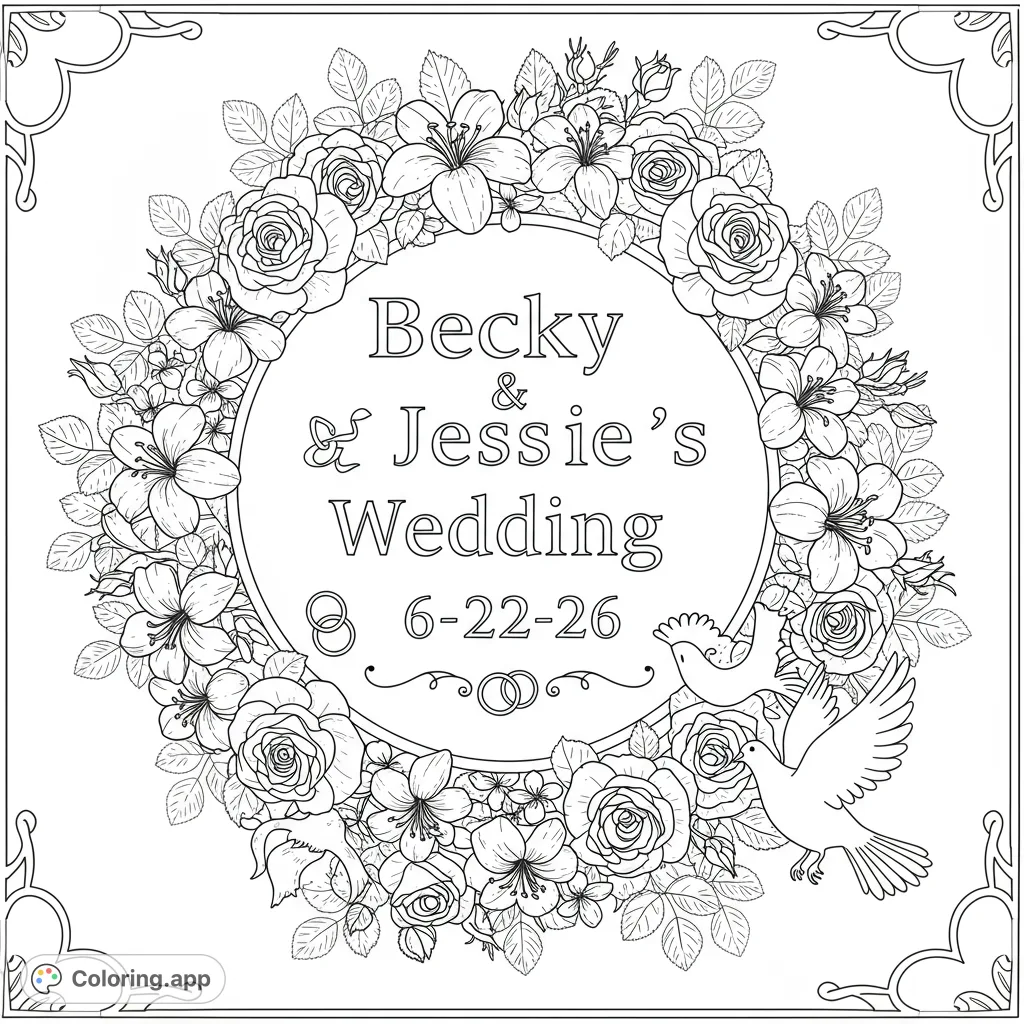A beautiful wedding-themed coloring page featuring a personalized date and names, surrounded by elegant floral and celebratory motifs.