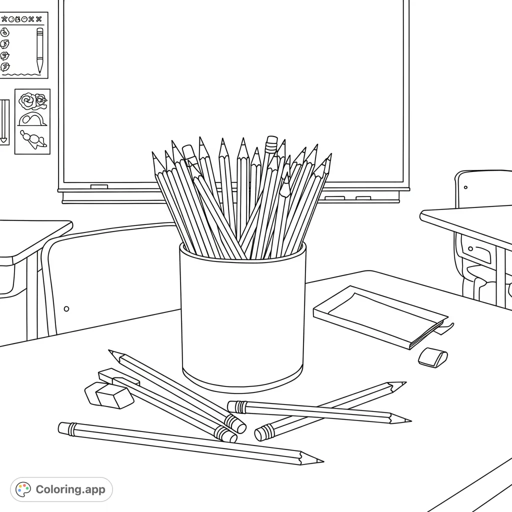 Explore a detailed classroom scene featuring many pencils scattered and organized on a desk. A perfect free printable coloring page for school enthusiasts.