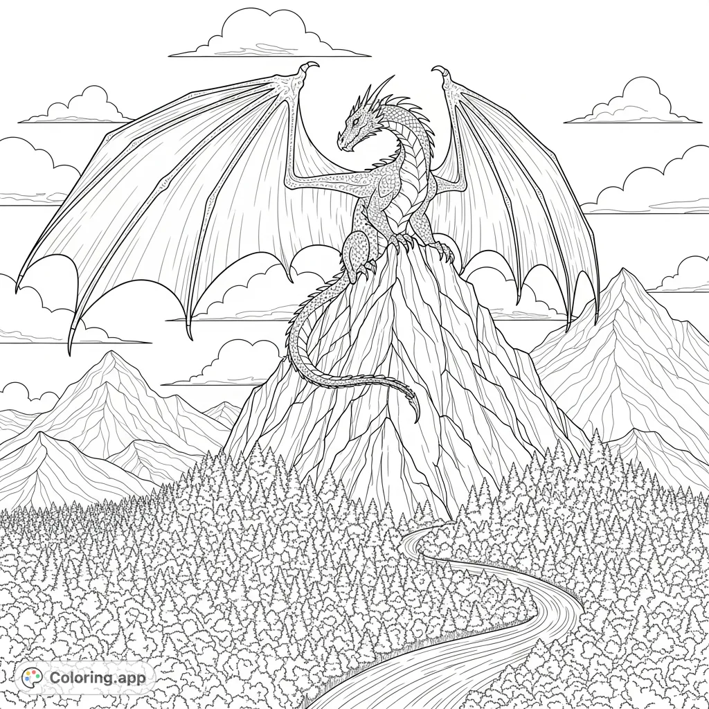 A powerful winged dragon surveys a vast landscape from a craggy mountain peak, with a dense forest and winding river below. Intricate details await your colors.