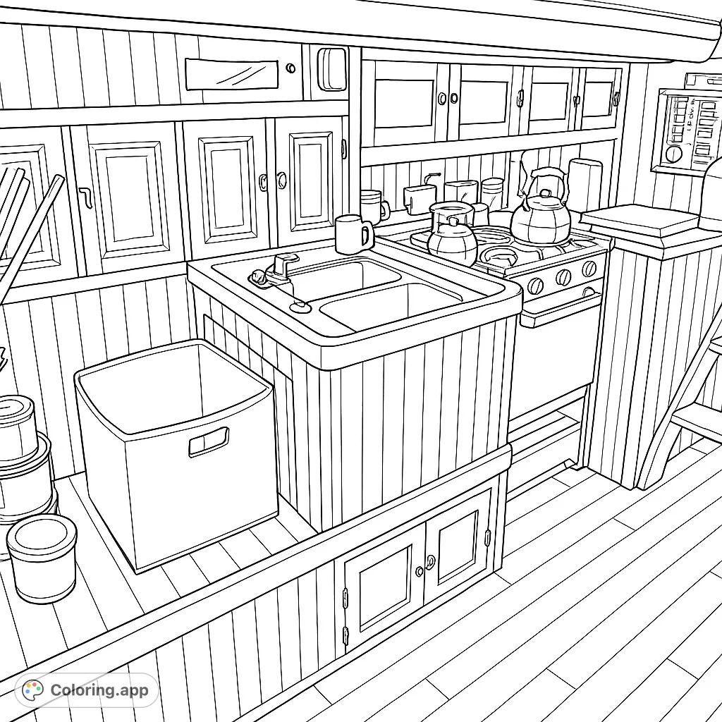 Explore a detailed boat galley coloring page, featuring intricate wooden cabinetry, a sink, stove, and various nautical elements for a relaxing creative escape.