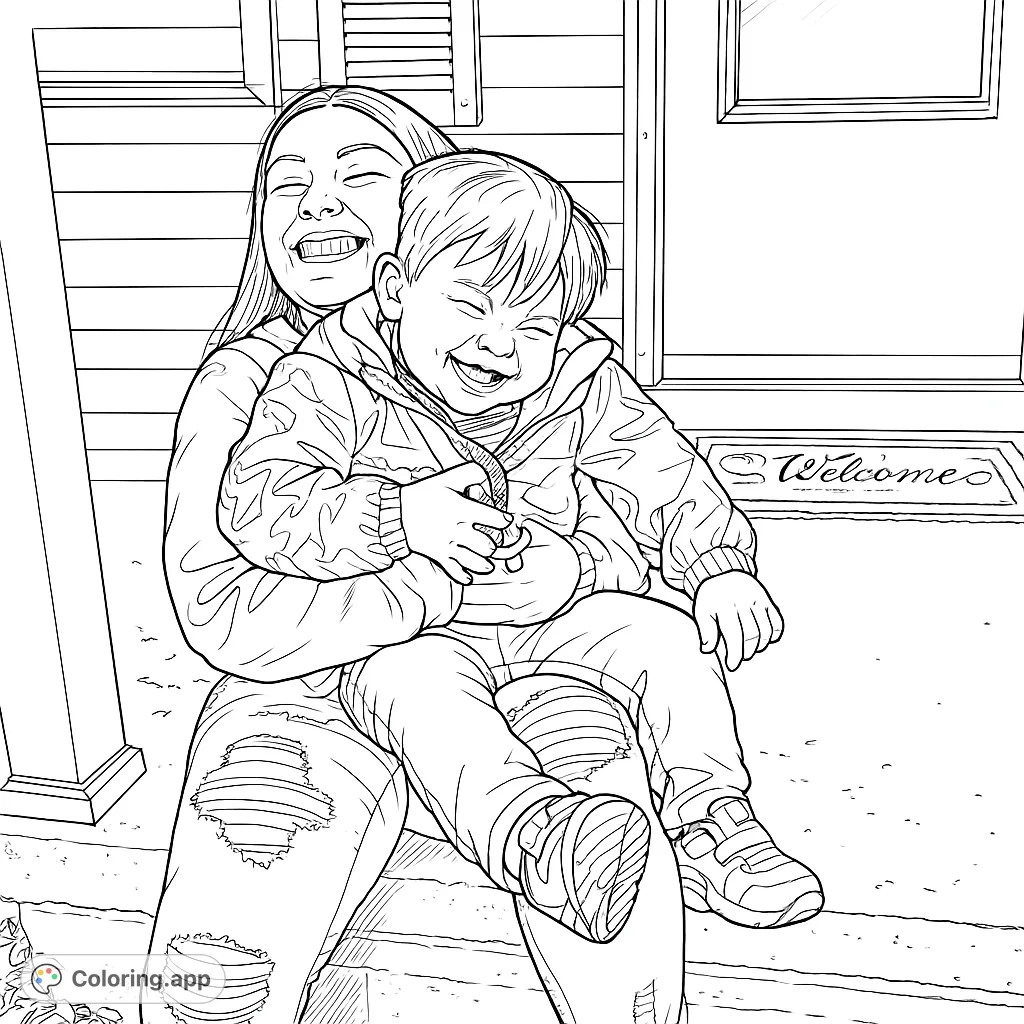 Capture a heartwarming moment of a young woman and a toddler sharing a joyful embrace on a porch. A delightful scene for all ages to color.