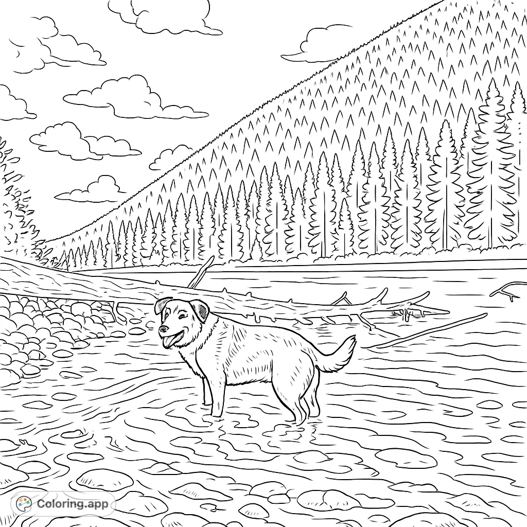 A loyal dog enjoys a refreshing dip in a clear mountain river, surrounded by majestic forested slopes and a serene natural landscape. Perfect for nature lovers.