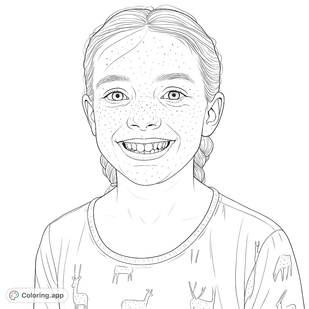 A delightful portrait of a smiling girl with charming freckles and a unique deer-patterned shirt, perfect for a realistic coloring page.