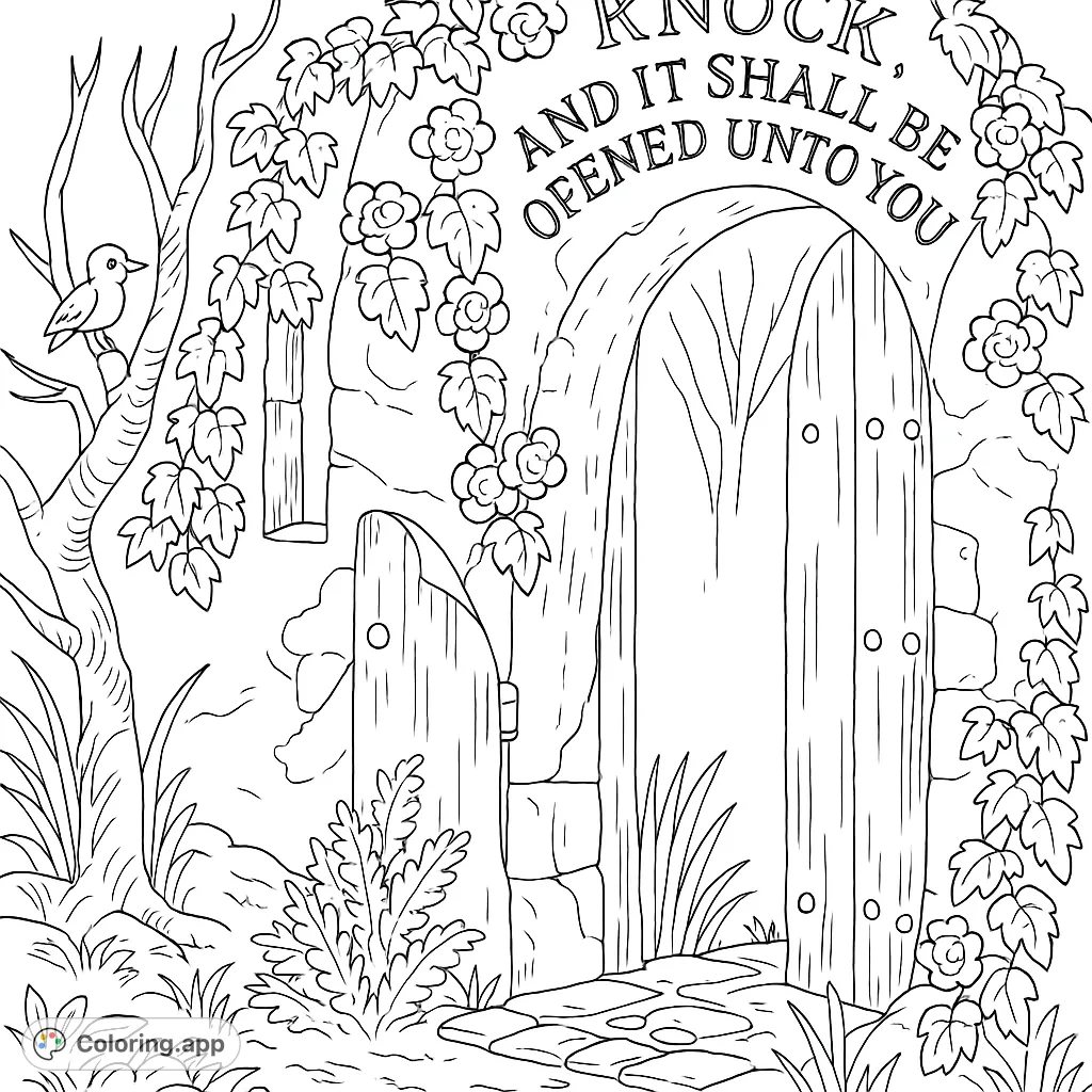 Discover an ancient, ivy-covered archway with an open wooden door and a hopeful inscription. A captivating scene for your creative coloring journey.