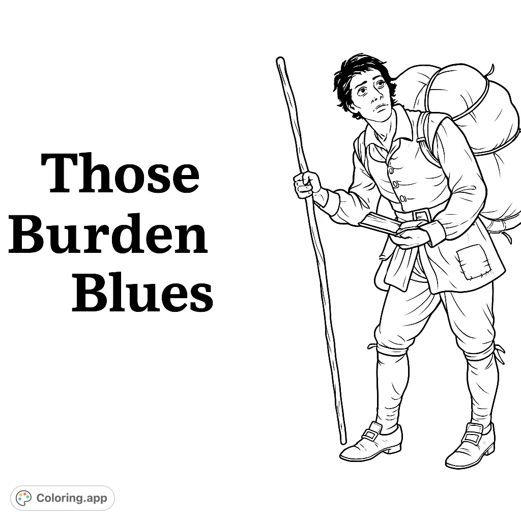 Embark on a journey with this weary traveler, carrying a heavy burden and a staff. A detailed pilgrim coloring page for reflection and creative expression.
