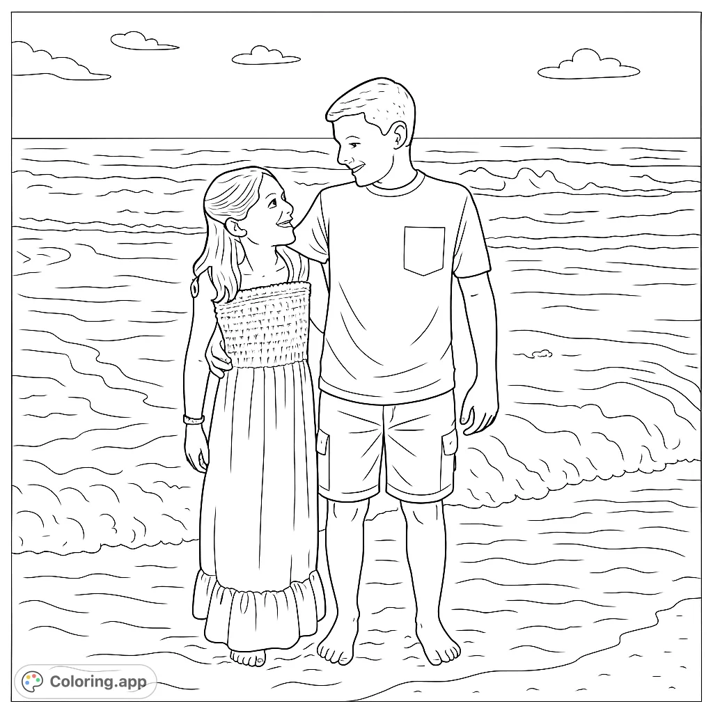 A heartwarming beach scene featuring two children, a boy and a girl, standing by the ocean waves. Perfect for a relaxing coloring experience.
