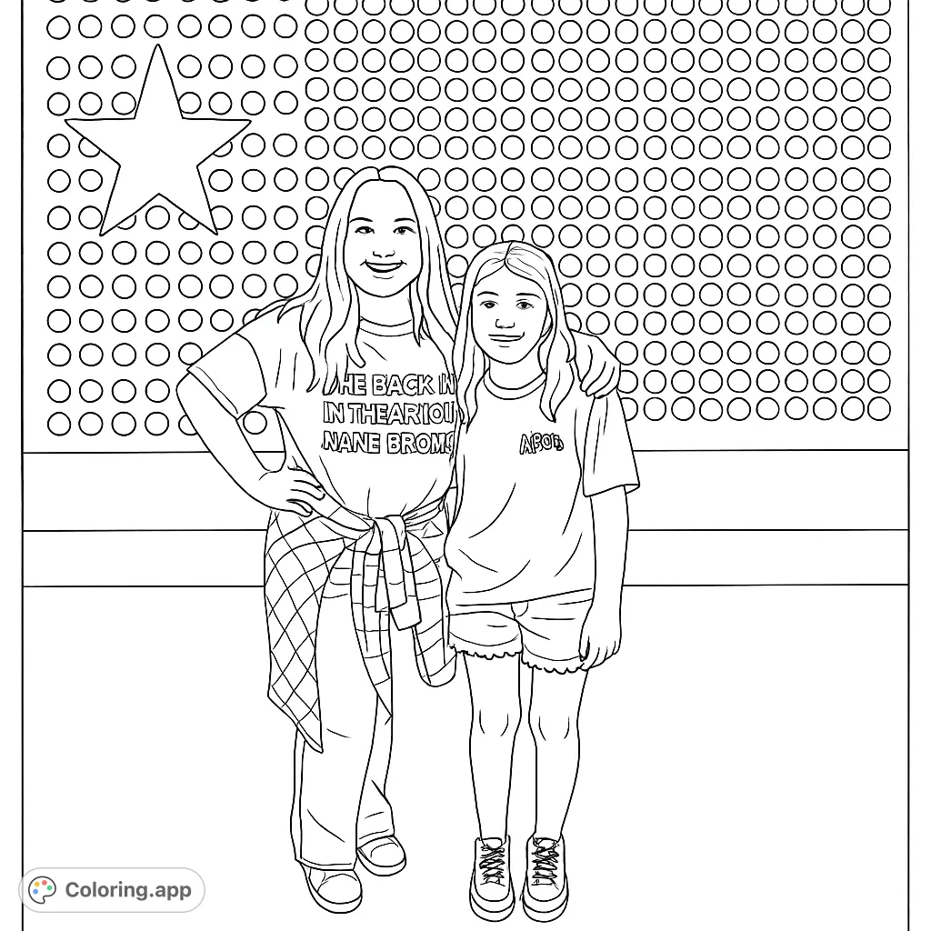 Two smiling friends pose in front of a unique flag-patterned wall, offering a fun and engaging coloring experience for all ages.