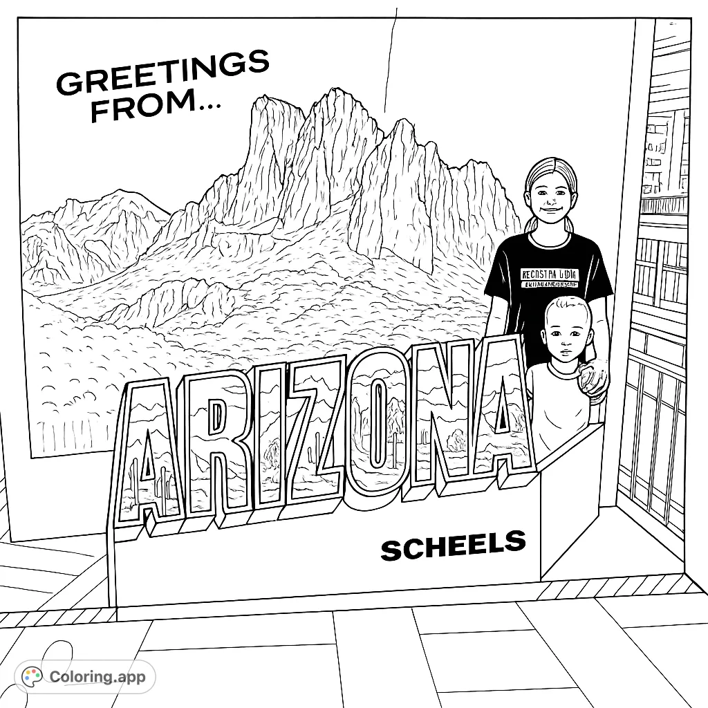 Explore the Grand Canyon State with this Arizona-themed coloring page. Features iconic landscapes, wildlife, and cityscapes within a vintage postcard design.